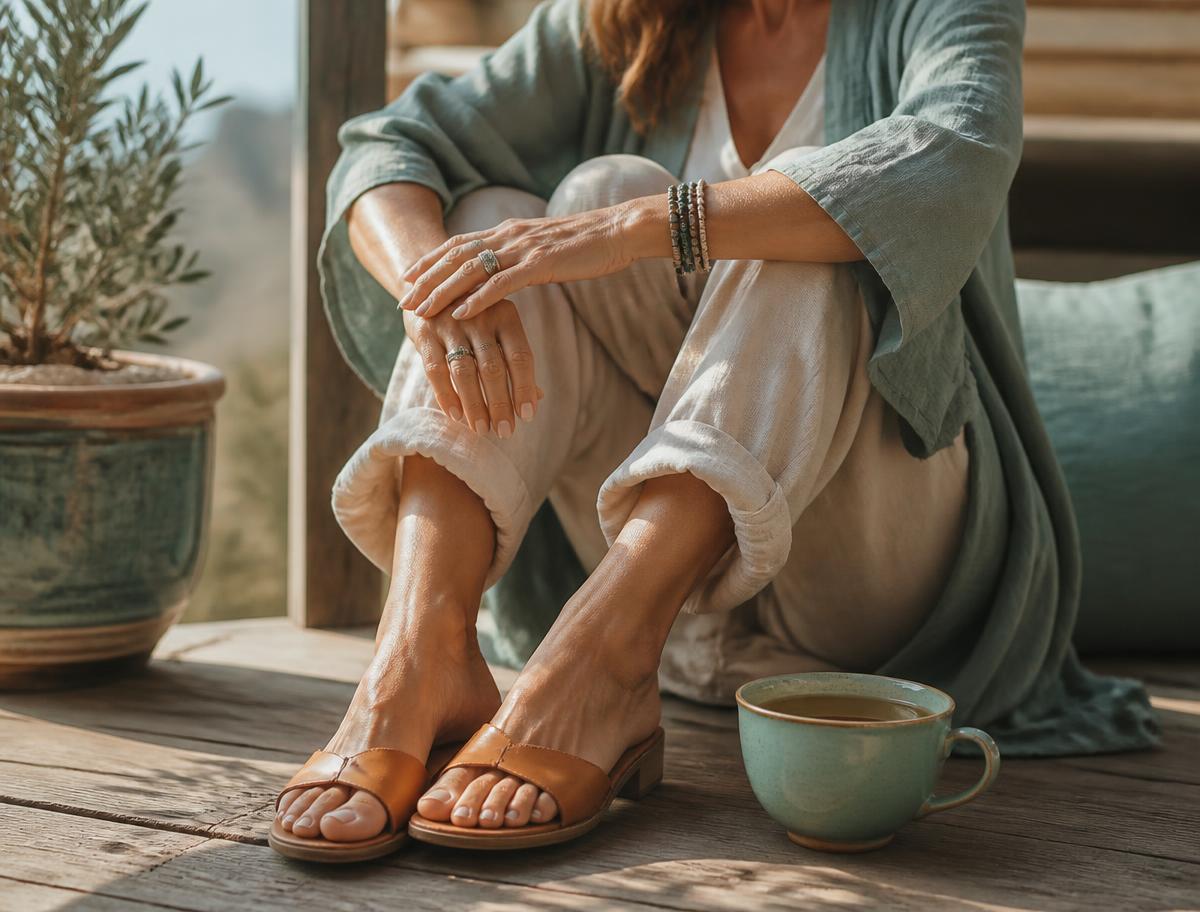 Woman wearing open sandals on a sunlit deck, relaxed and no longer hiding her feet